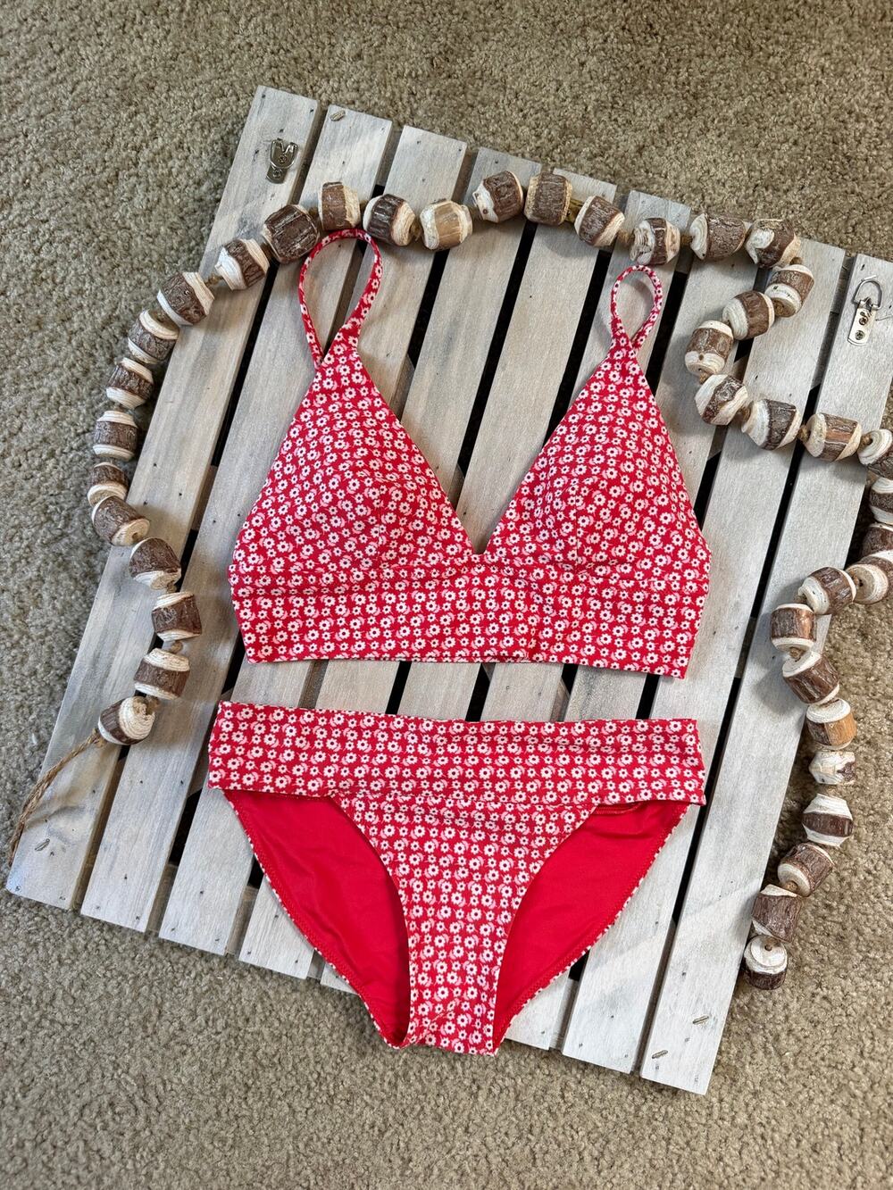 Aerie Red White Floral Scarlet Swimsuit Bikini Top & Banded Bottom